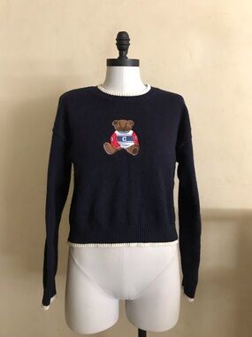Cider Navy Blue Bear Appliqué Crewneck Sweater